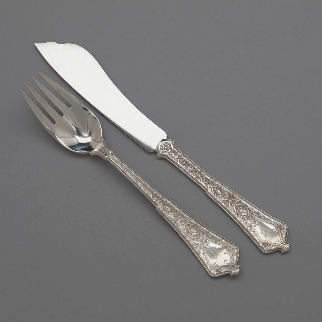 Setting of Tiffany &amp; Co &#39;Persian&#39; Pattern Antique Sterling Silver Fish Service, NYC, 1875-91