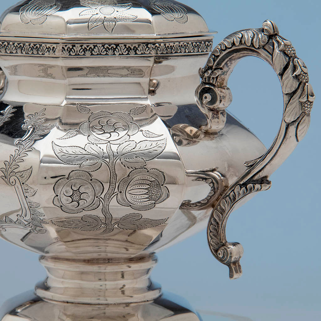 Decoration on John C. Moore Antique Coin Silver Covered Sugar Bowl, NYC, c. 1840&#39;s