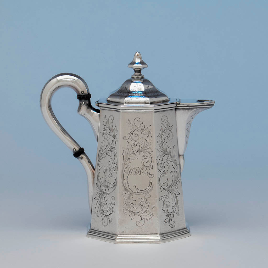 Lincoln & Reed Antique Coin Silver Octagonal Hot Milk Pitcher, Boston, 1841-48