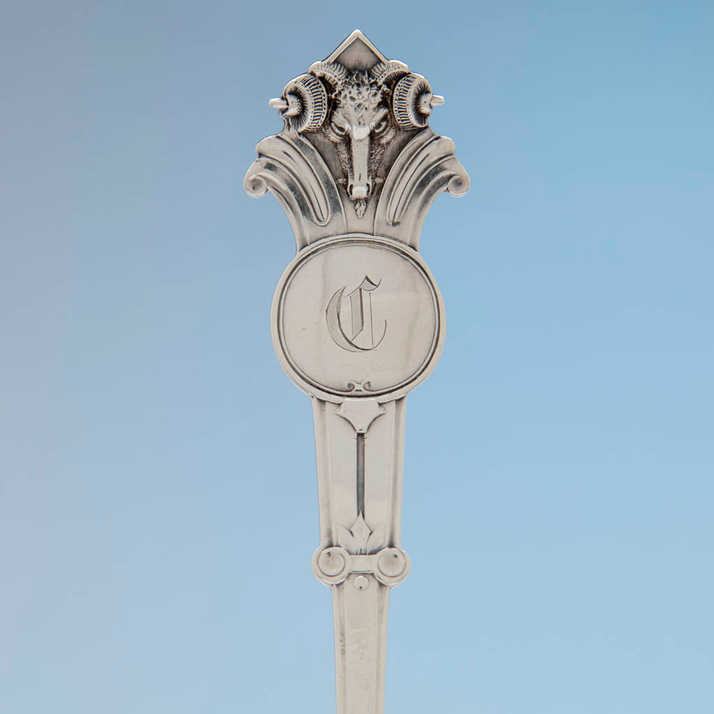 Handle to John Wendt (attr) Rams Head Antique Sterling Silver Pie Server, NYC, c. 1870&#39;s