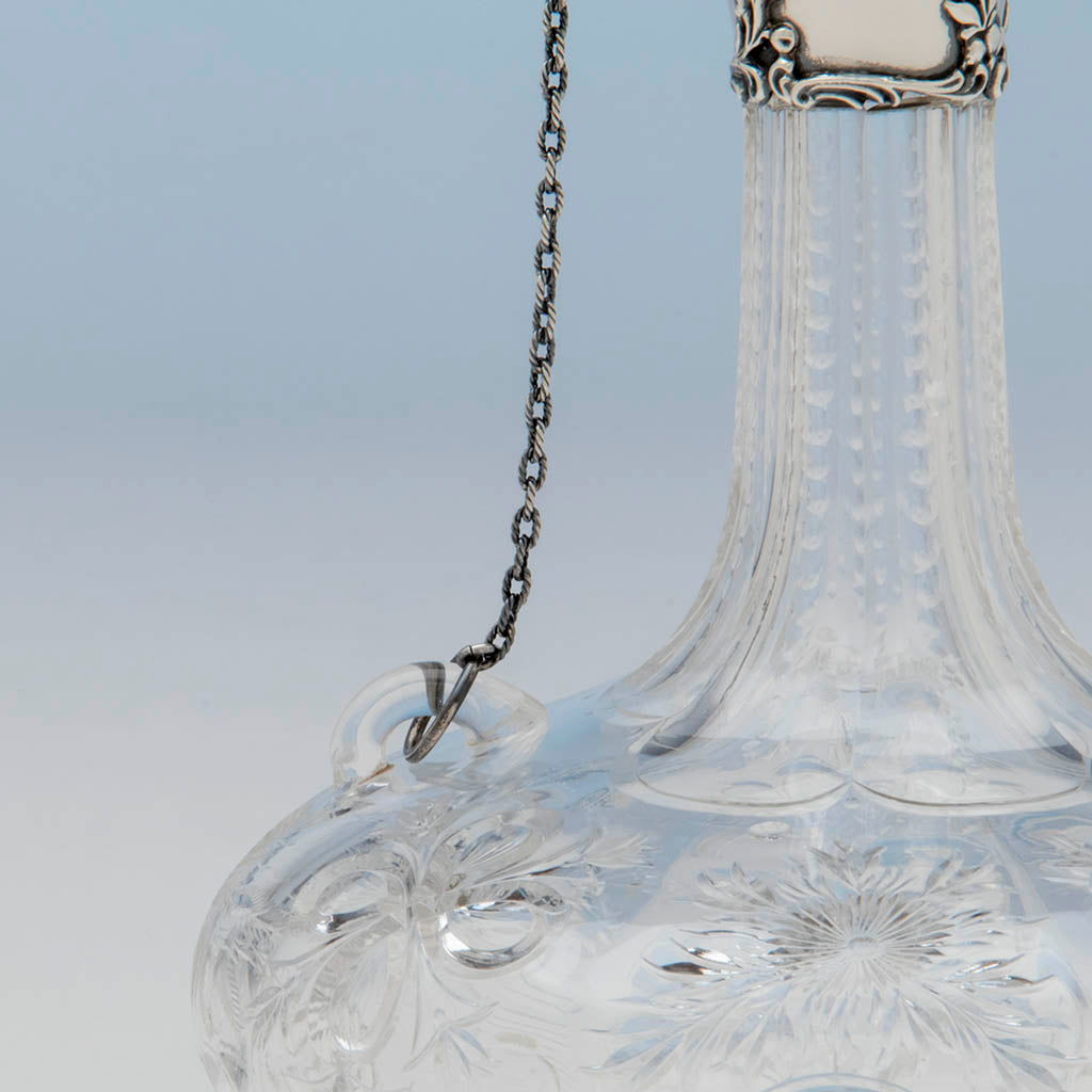 Chain to Gorham Antique Pair of Sterling Mounted Hawkes Glass Decanters or Claret Jugs, Providence, 1901