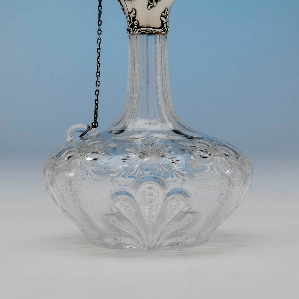Glass to Gorham Antique Pair of Sterling Mounted Hawkes Glass Decanters or Claret Jugs, Providence, 1901