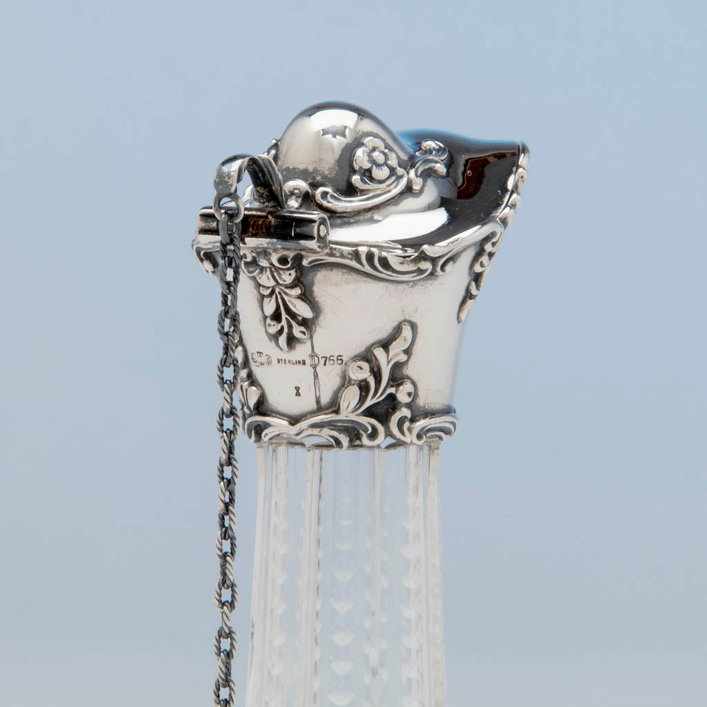 Top of Gorham Antique Pair of Sterling Mounted Hawkes Glass Decanters or Claret Jugs, Providence, 1901
