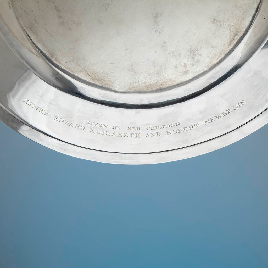 Dedication on Arthur Stone Arts &amp; Crafts Sterling Silver Massive Alms Basin, Gardner, MA, 1922