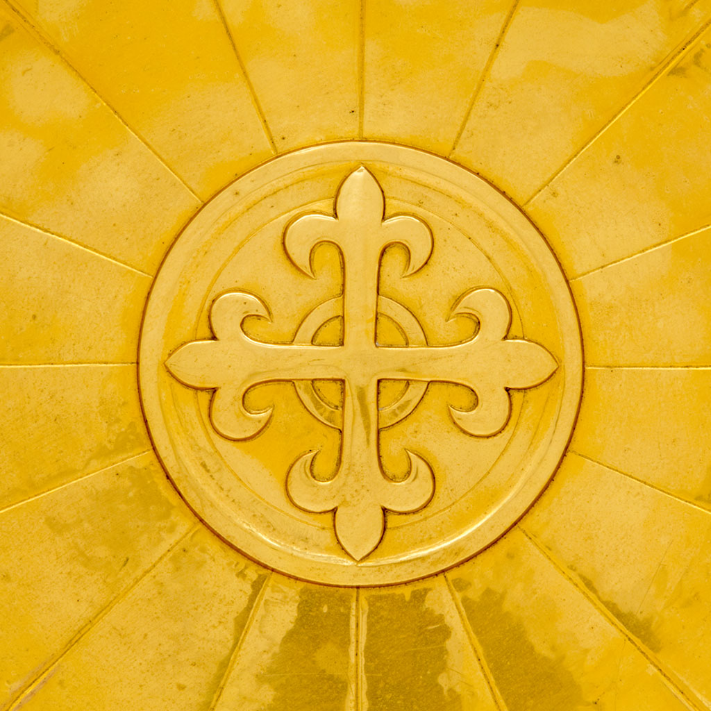 Cross on George E. Germer Antique Brass Alms Basin, Mason, NH, c.1920&#39;s