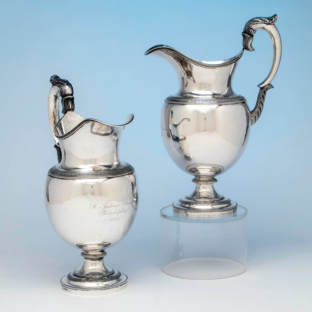 Brasier, Amable Pair of Antique Coin Silver Ewers, Philadelphia, c. 1823