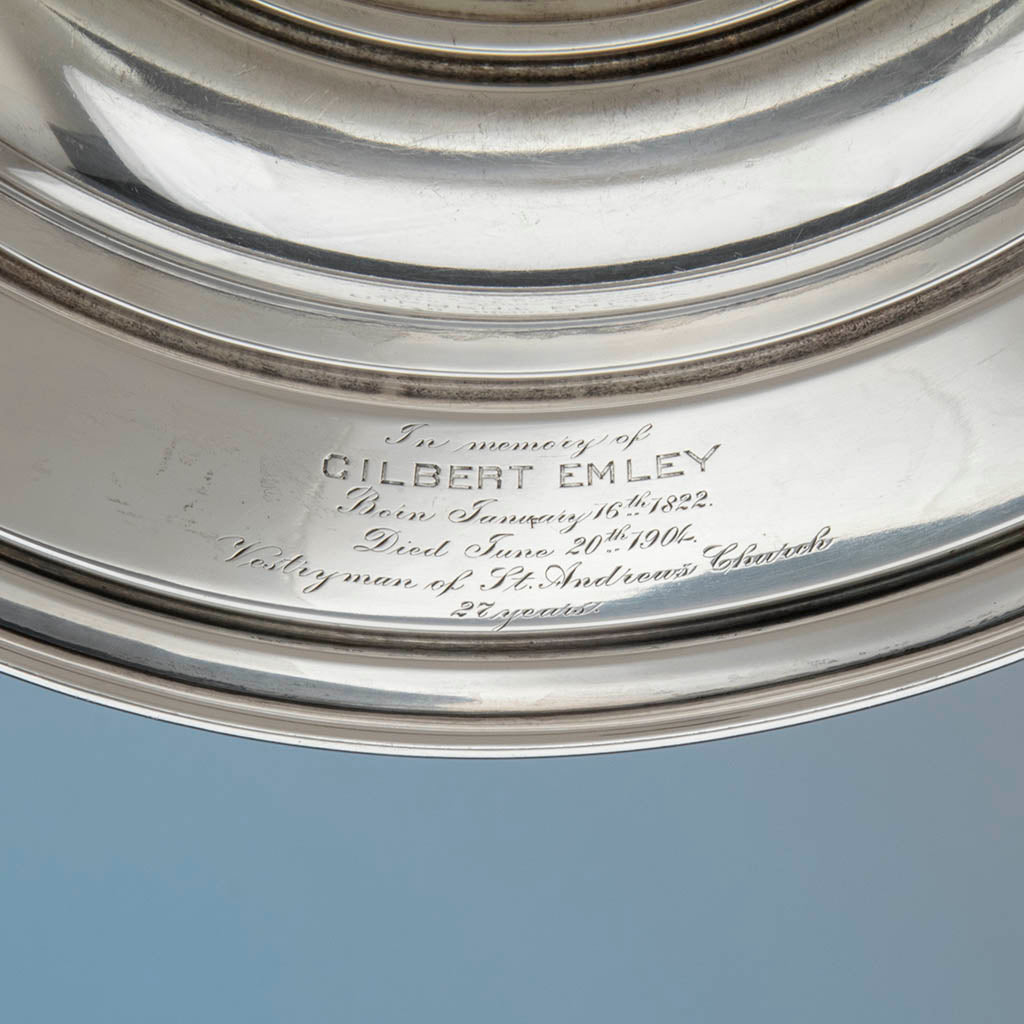 Dedication on Gorham Antique Sterling Silver Alms Dish, Providence, RI, c. 1905