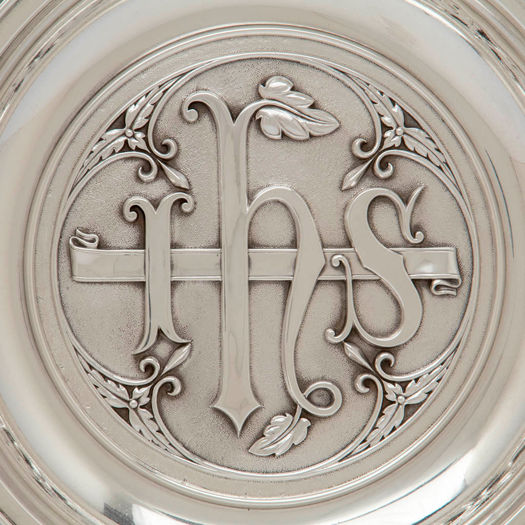 Central plaque on Gorham Antique Sterling Silver Alms Dish, Providence, RI, c. 1905