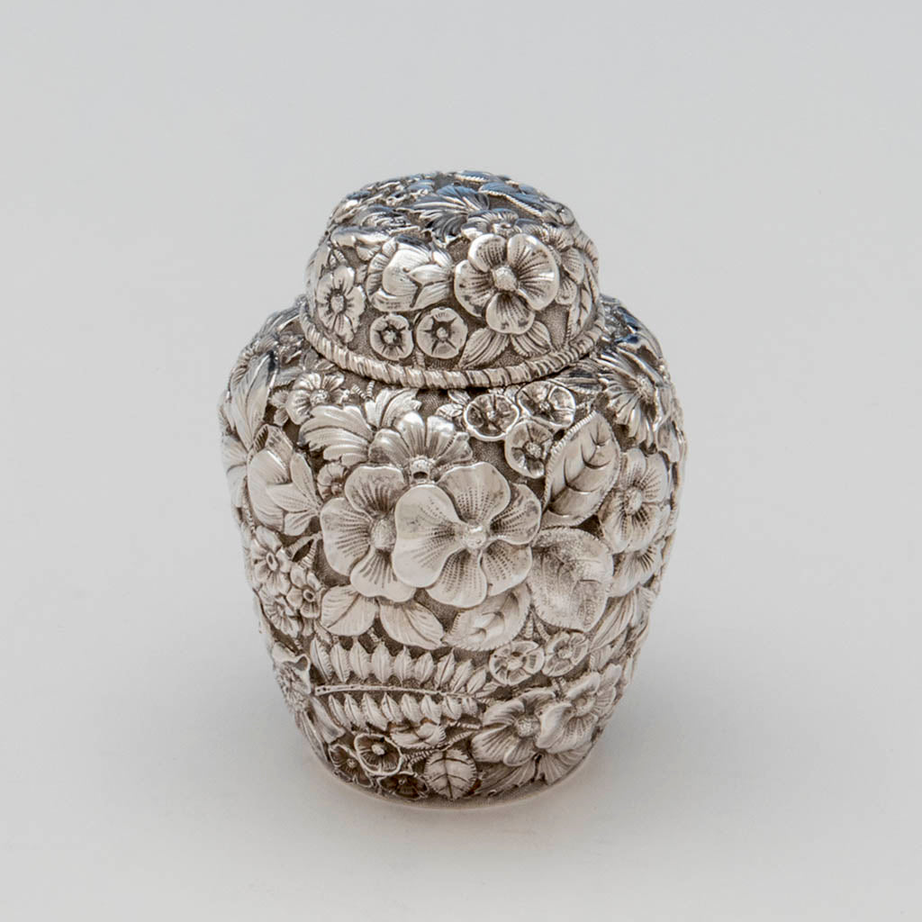Detail of Durgin Antique Sterling Silver Repousse Tea Caddy, Concord, NH, c. 1900