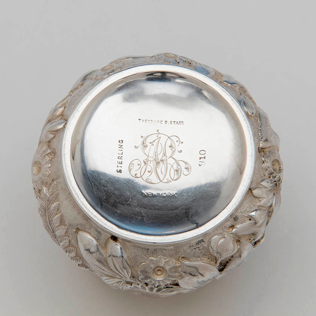 Marks on Theodore B. Starr Antique Sterling Silver Repousse Tea Caddy, NYC, c. 1900