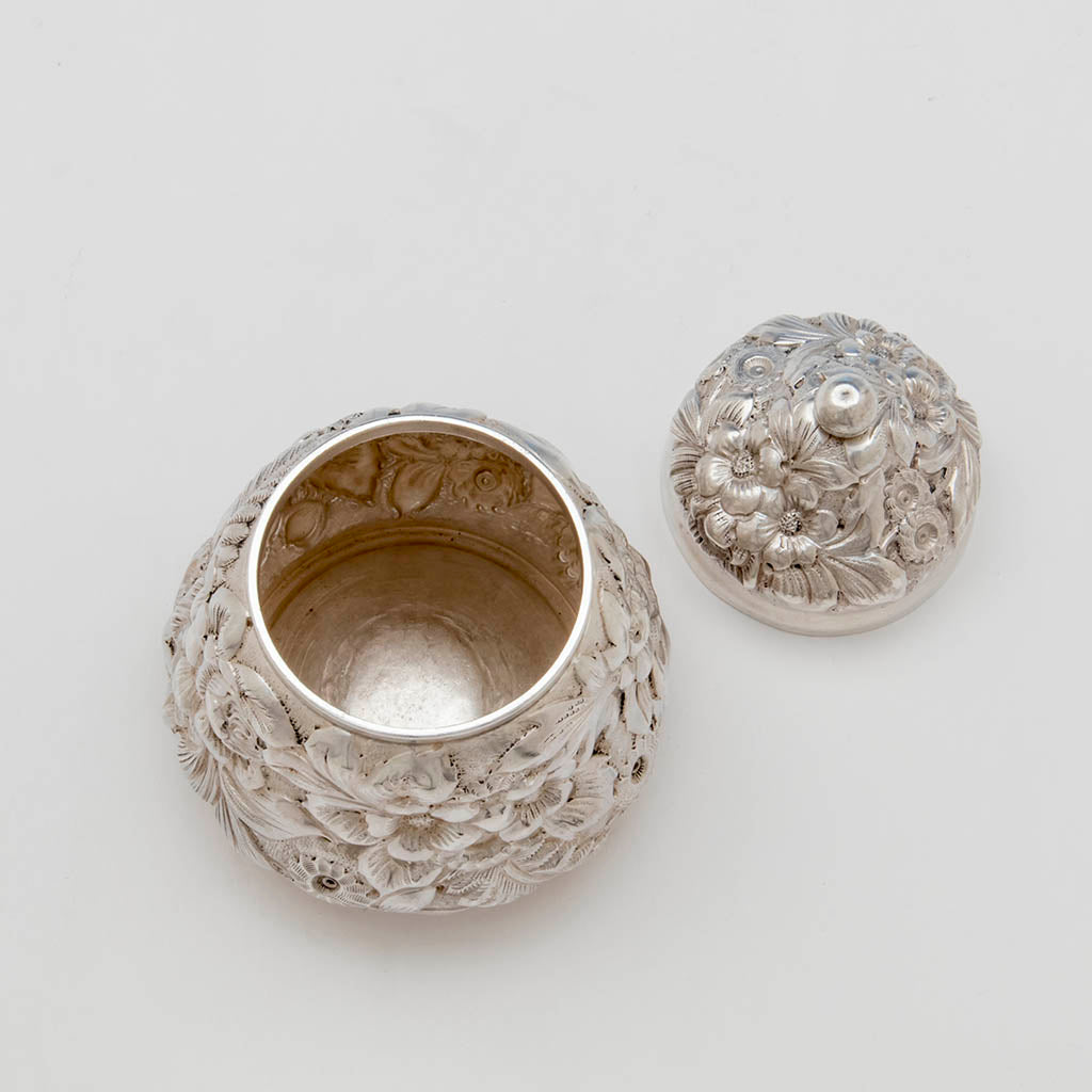 Op[en Theodore B. Starr Antique Sterling Silver Repousse Tea Caddy, NYC, c. 1900