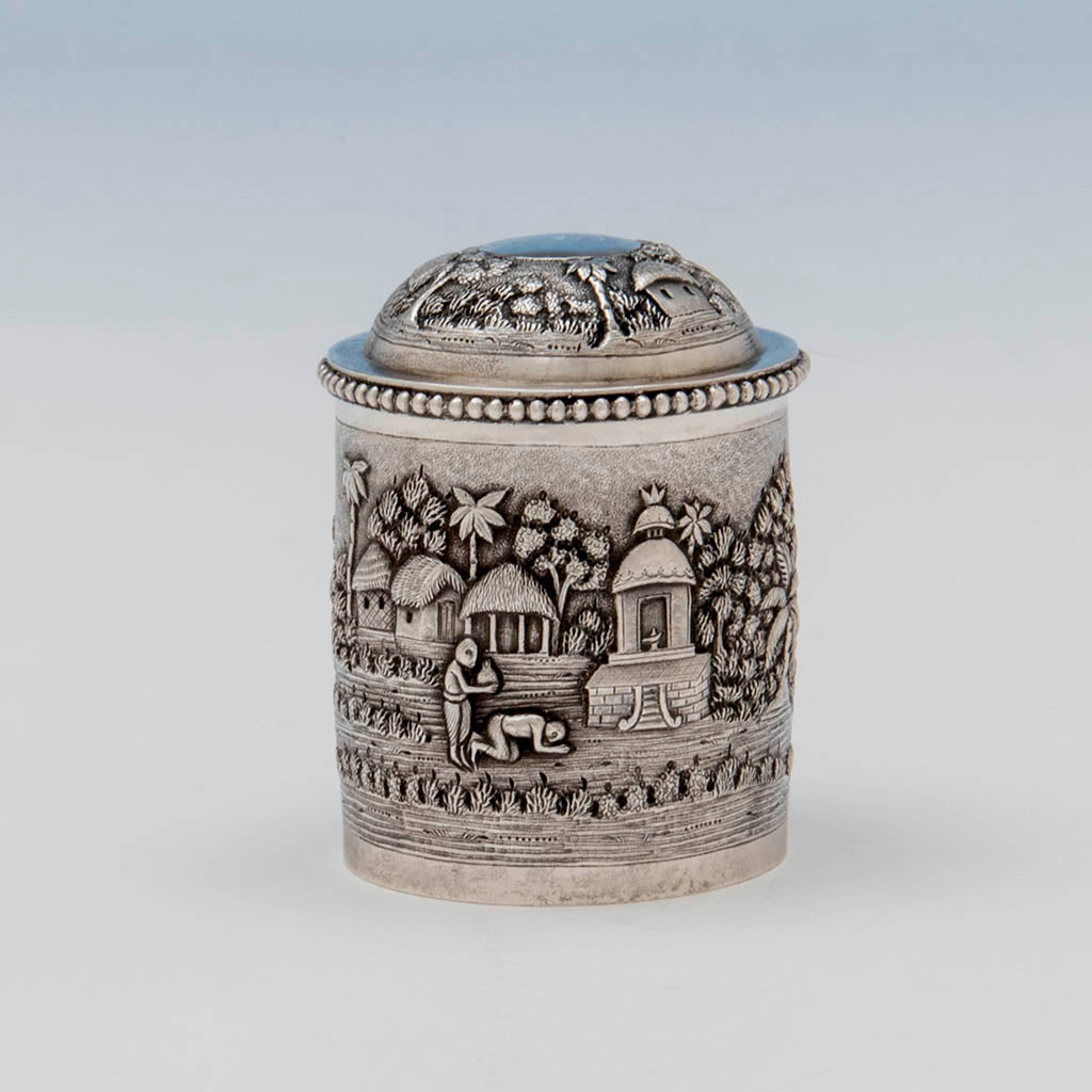 Figures on Indian Antique Silver Repousse Container, Calcutta, c. 1900