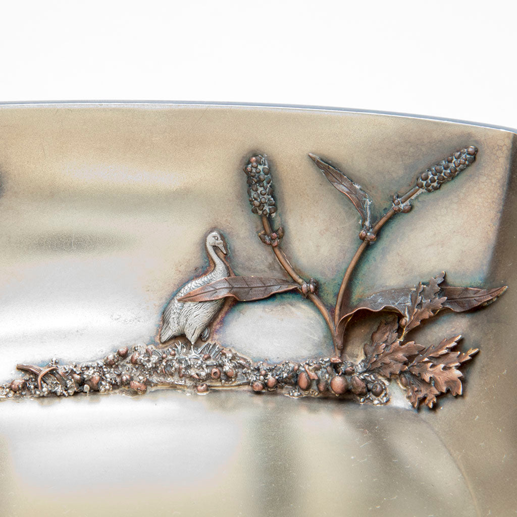 Exotic bird on Gorham Antique Sterling and Mixed Metals Berry Bowl, Providence, RI, 1880