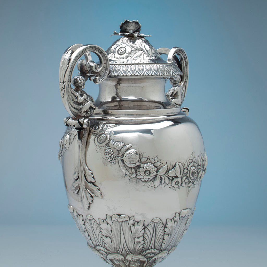 Handle to William Adams Monumental Antique Coin Silver Urn, NYC, NY, c. 1840