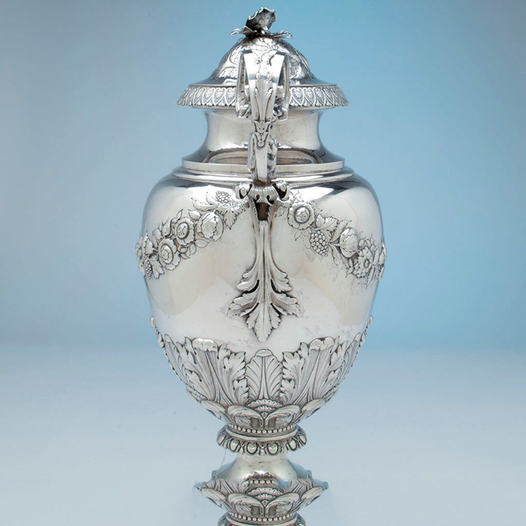 Side view of William Adams Monumental Antique Coin Silver Urn, NYC, NY, c. 1840
