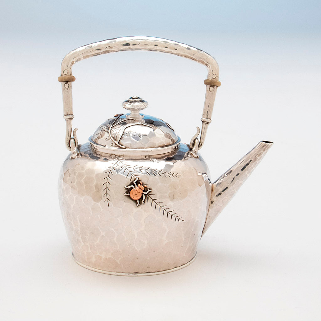 Back of pot to Whiting Aesthetic Movement Sterling Silver and Mixed-Metal Tête-à-tête Tea Service, c. 1880