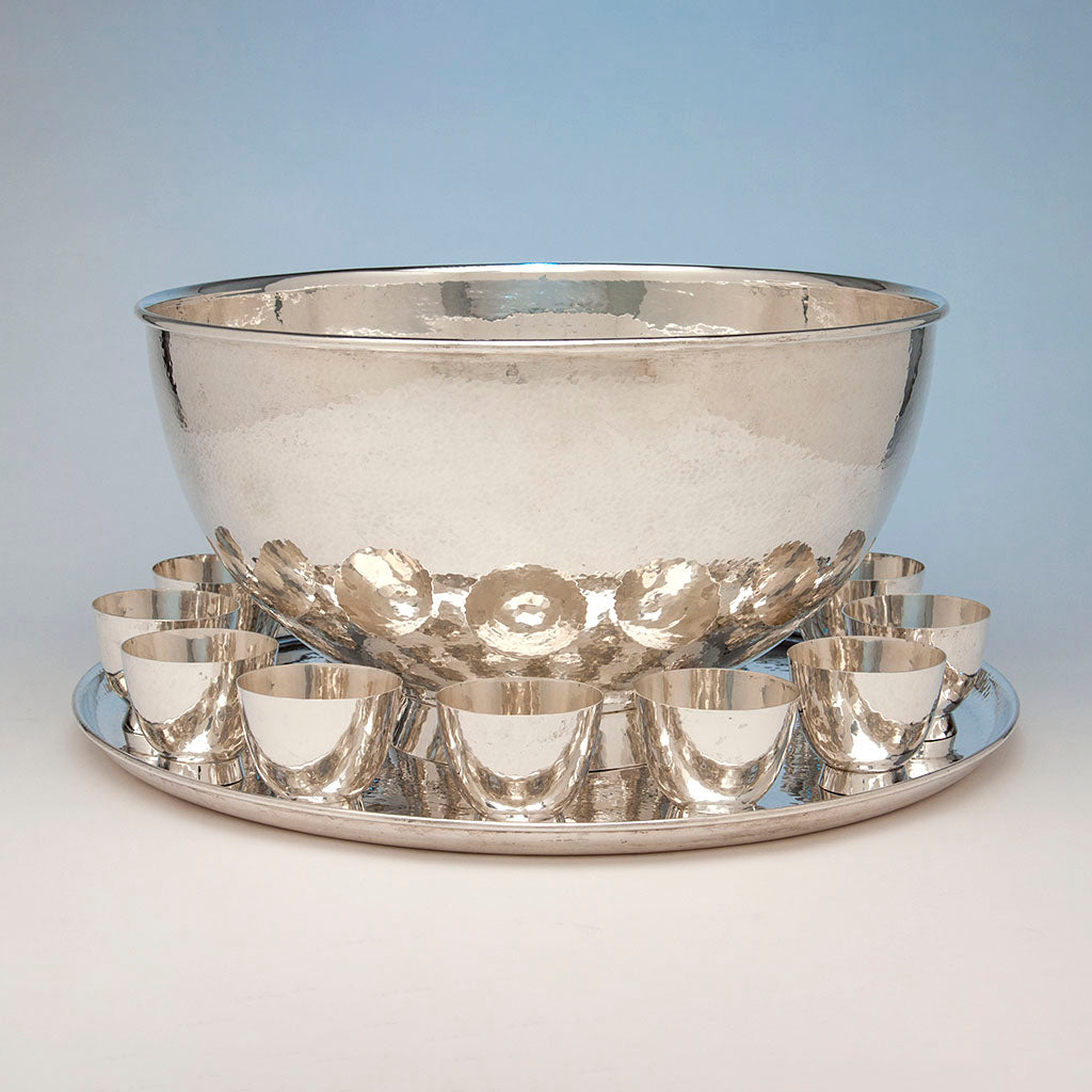 Closeup of Allan Adler &amp; Porter Blanchard Massive Hand Wrought Sterling Silver Punch Service, Burbank &amp; Los Angeles, c. 1950