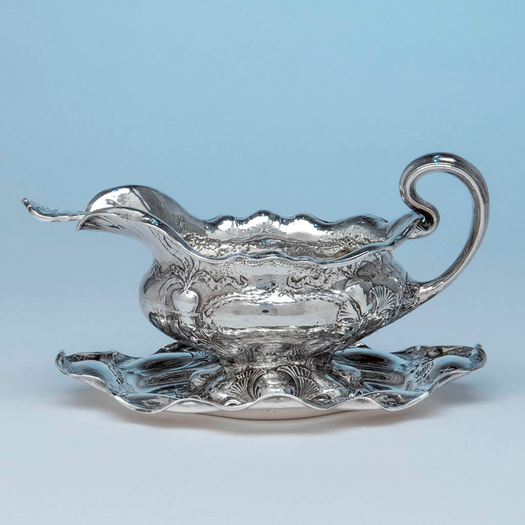Gorham Martelé Silver Sauce Boat and Tray with Ladle, Providence, RI, 1905