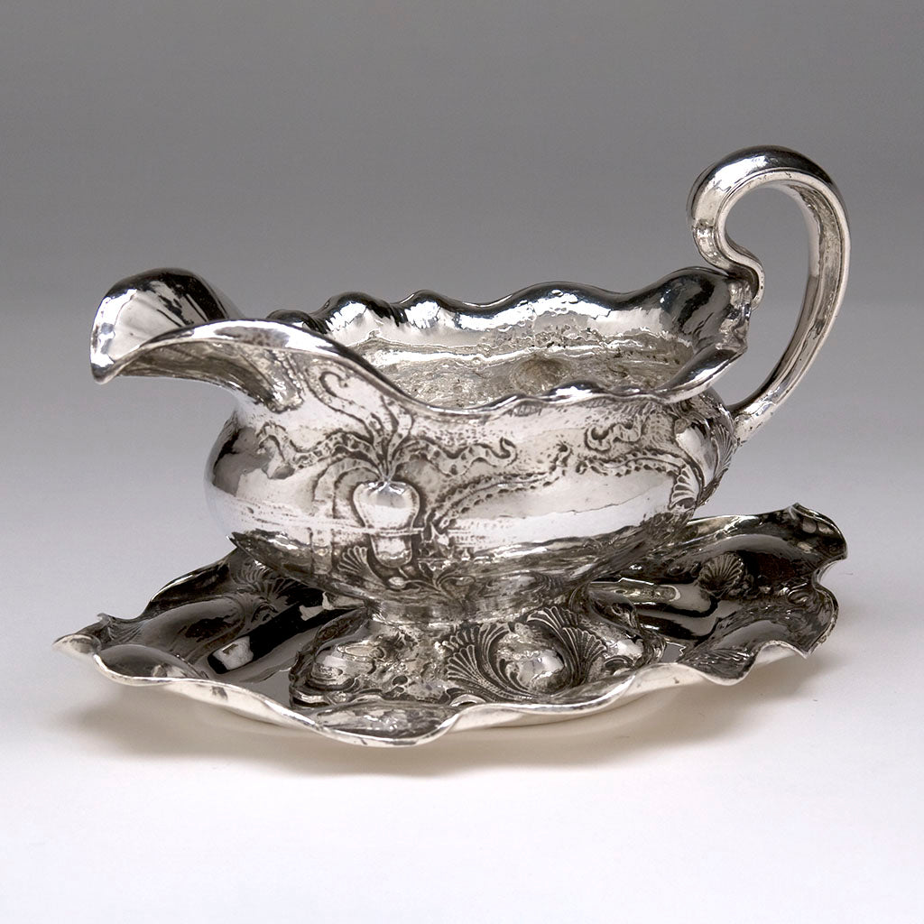 Angle view Gorham Martelé Silver Sauce Boat and Tray with Ladle, Providence, RI, 1905