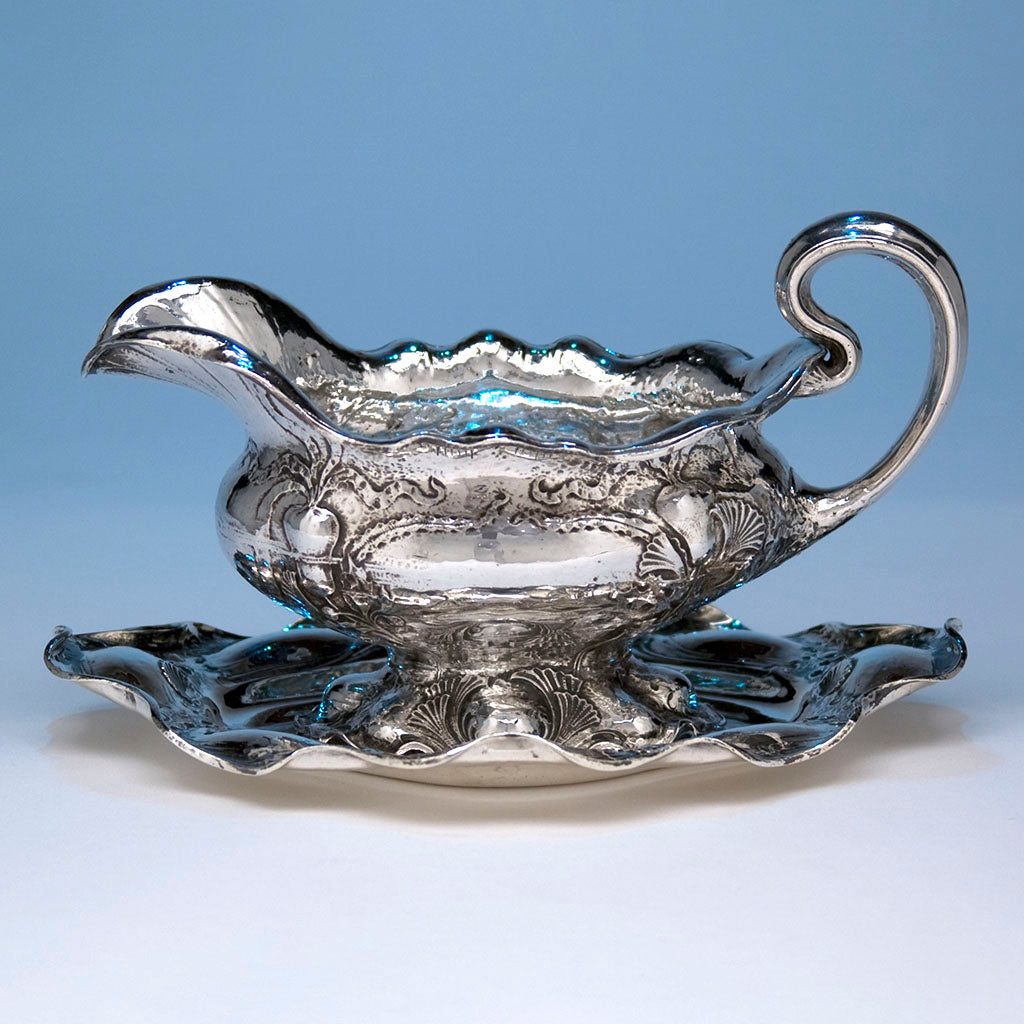 Side view Gorham Martelé Silver Sauce Boat and Tray with Ladle, Providence, RI, 1905