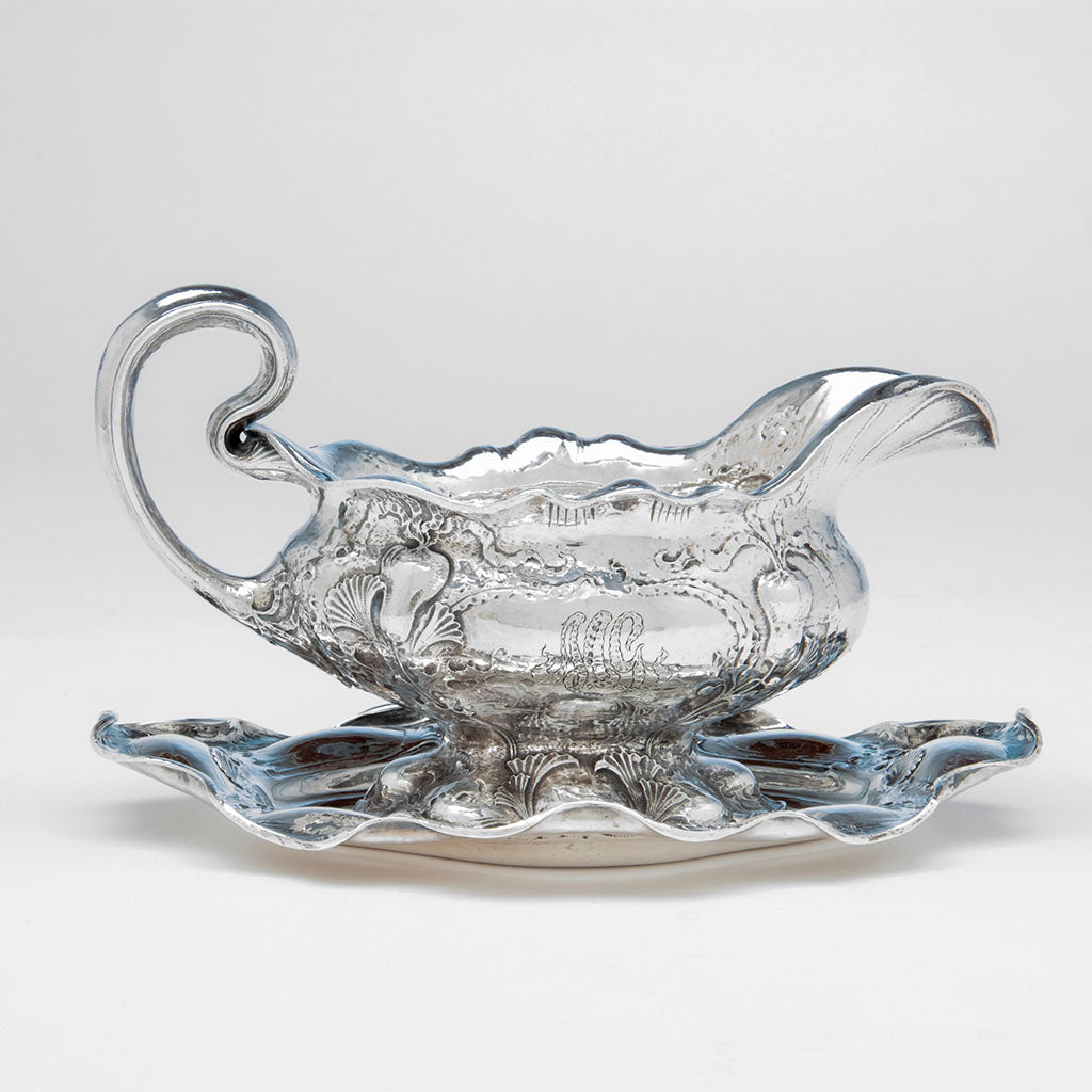 Monogram on Gorham Martelé Silver Sauce Boat and Tray with Ladle, Providence, RI, 1905