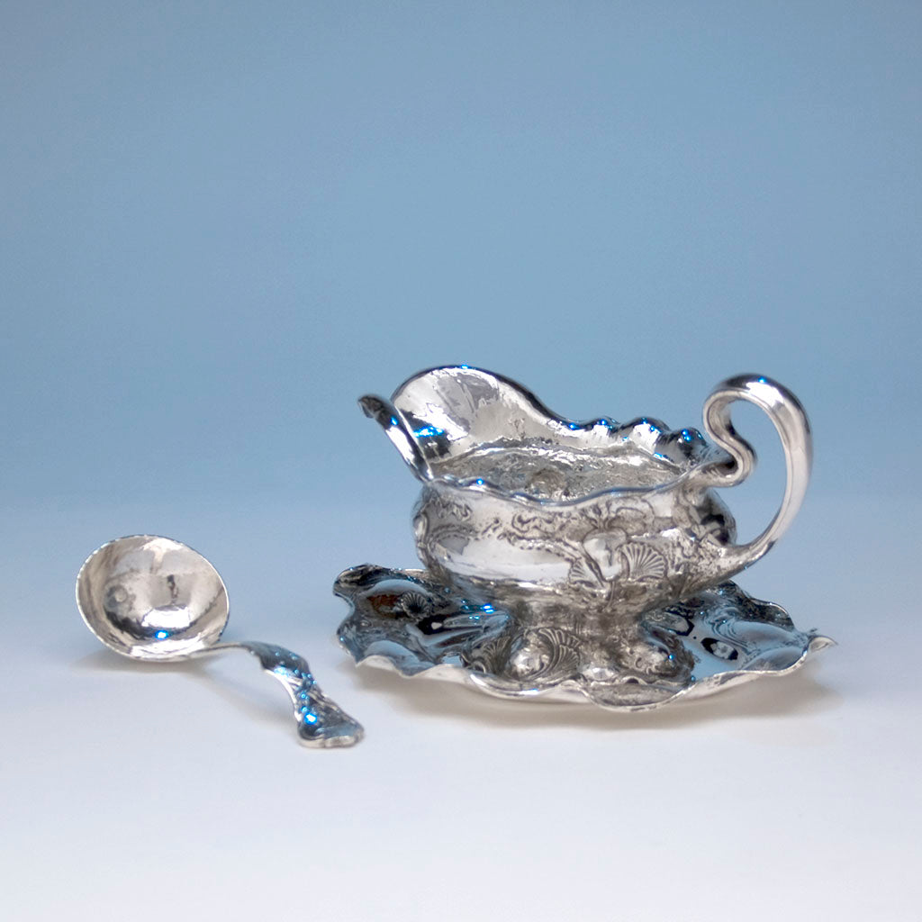 Gorham Martelé Silver Sauce Boat and Tray with Ladle separate, Providence, RI, 1905