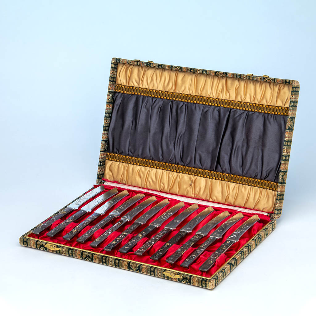 Gorham Antique Mixed Metal Japanese Design Fruit Knives, set of 12, Providence, RI, c. 1880
