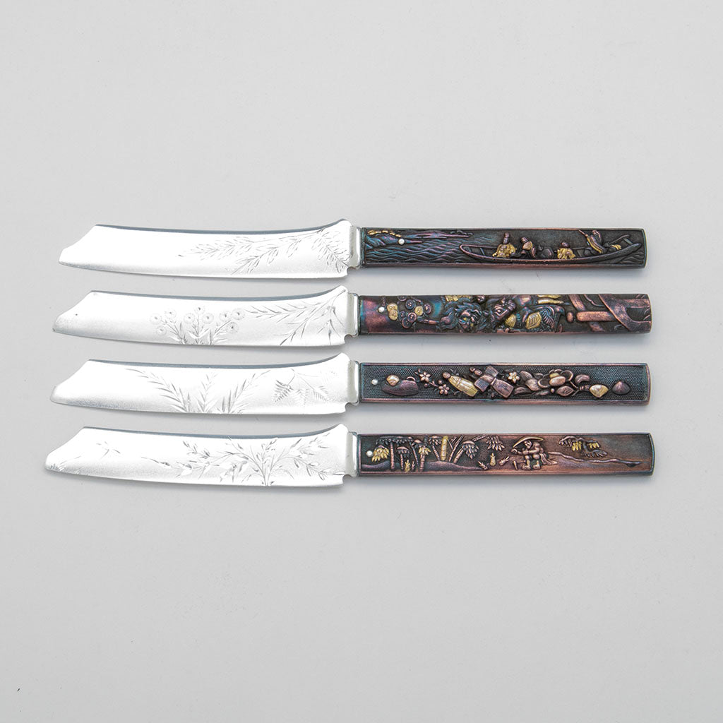 Gorham Antique Mixed Metal Japanese Design Fruit Knives, set