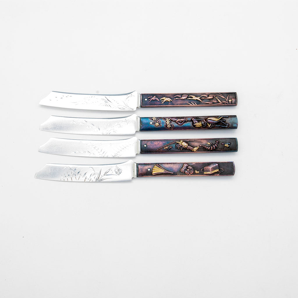 Examples 2 of Gorham Antique Mixed Metal Japanese Design Fruit Knives, set of 12, Providence, RI, c. 1880