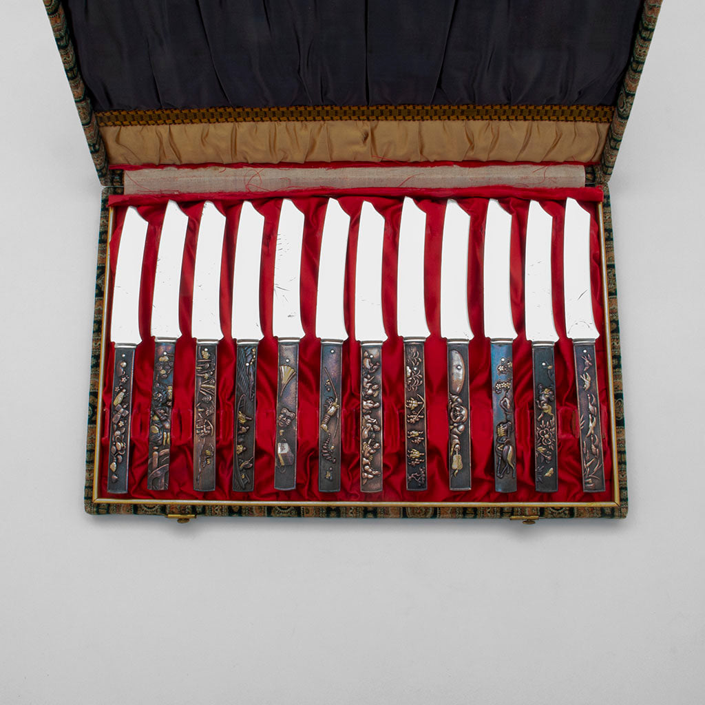 Boxed knives of Gorham Antique Mixed Metal Japanese Design Fruit Knives, set of 12, Providence, RI, c. 1880