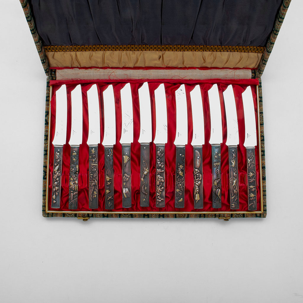 Reverse of Gorham Antique Mixed Metal Japanese Design Fruit Knives, set of 12, Providence, RI, c. 1880