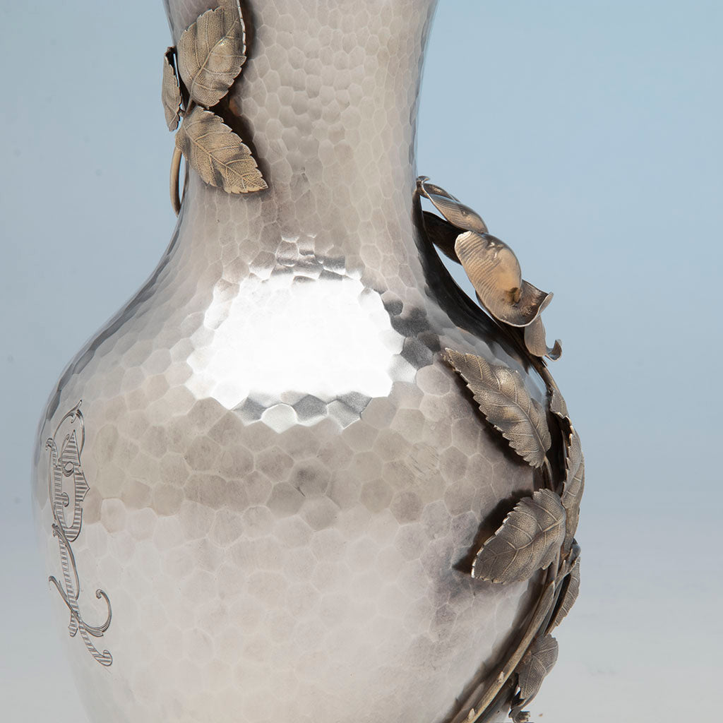 Hammered surface of Shreve &amp; Co Antique Sterling Silver Auethetic Vase, San Francisco, CA, c. 1880