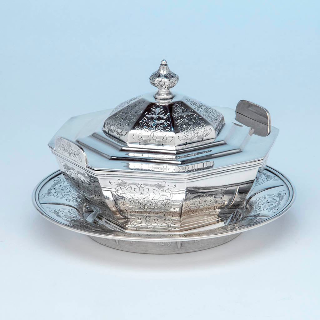 Jones, Ball & Co Antique Coin Silver Covered Dish with Underplate, Boston, 1853-55