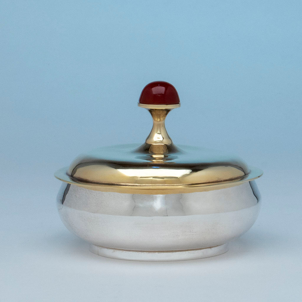 Henry Petzal Modern Sterling Silver Covered Dish with Carnelian Handle, Lenox, MA, 1975