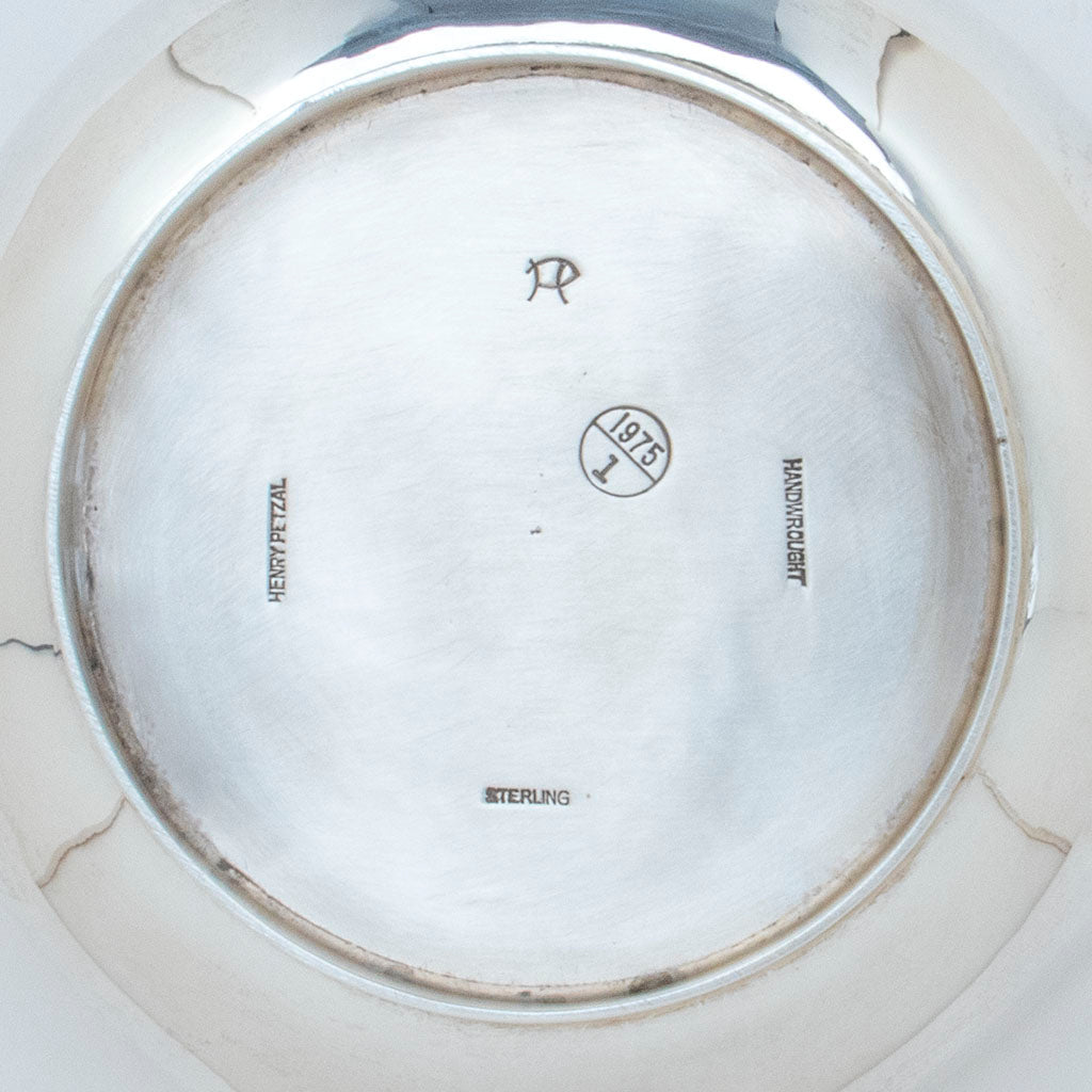 Marks on Henry Petzal Modern Sterling Silver Covered Dish with Carnelian Handle, Lenox, MA, 1975