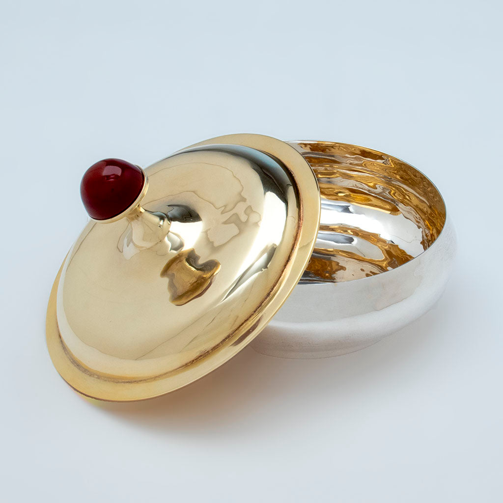 Open Henry Petzal Modern Sterling Silver Covered Dish with Carnelian Handle, Lenox, MA, 1975