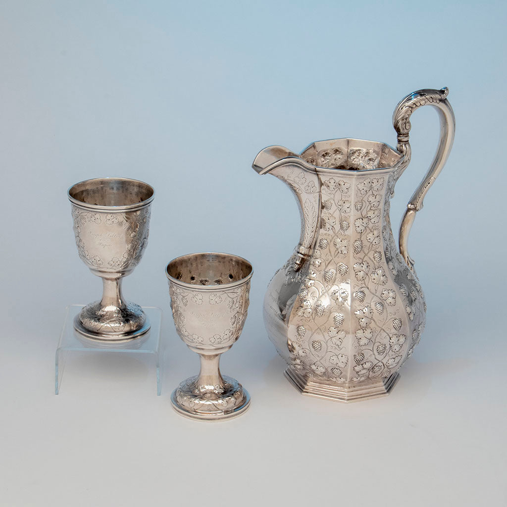 Jones, Ball &amp; Poor Coin Silver Presentation Pitcher and Goblets, c. 1850, probably made by Woodward &amp; Grosjean