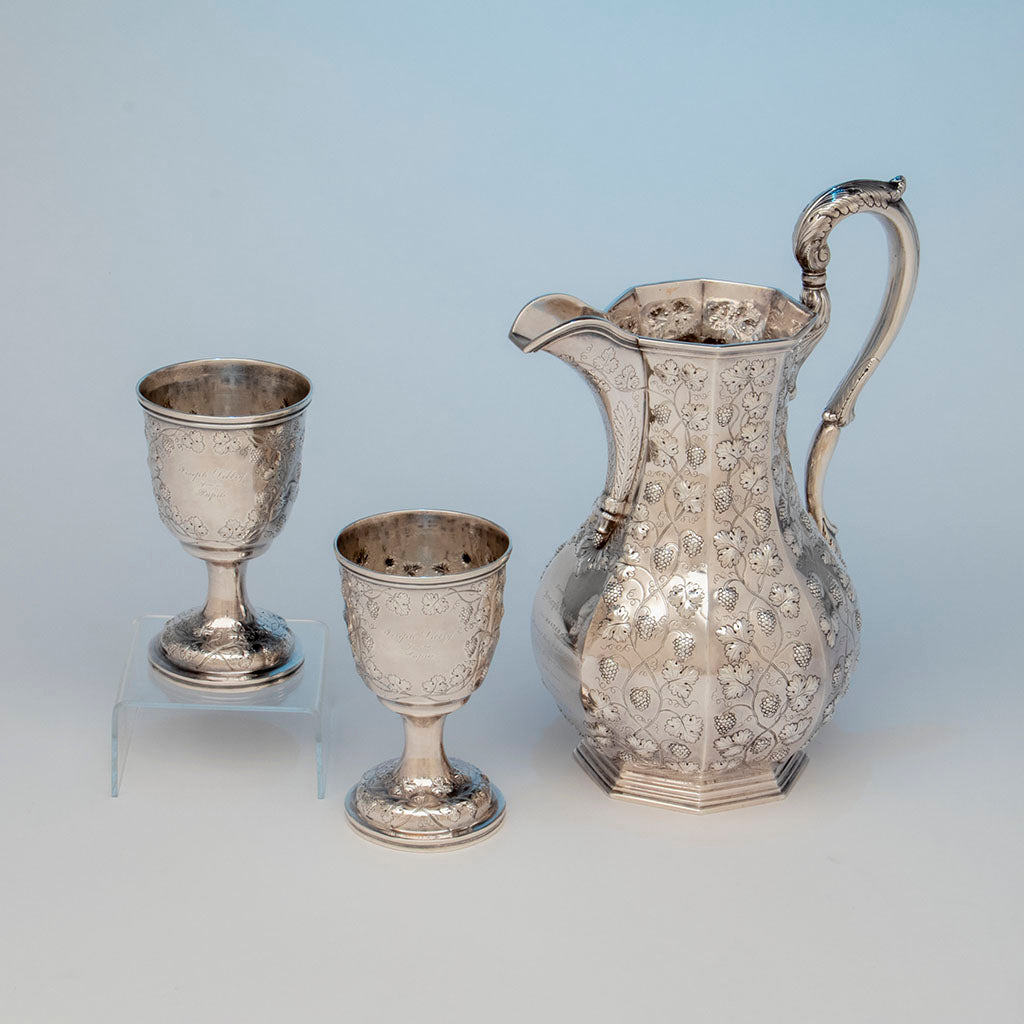 Jones, Ball & Poor Coin Silver Presentation Pitcher and Goblets, c. 1850, probably made by Woodward & Grosjean