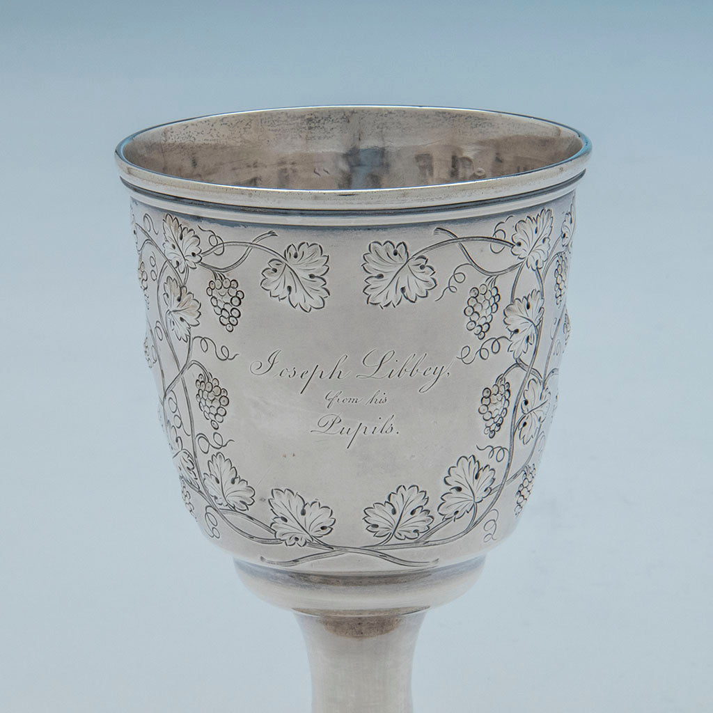 Goblet inscription on Jones, Ball &amp; Poor Coin Silver Presentation Pitcher and Goblets, c. 1850, probably made by Woodward &amp; Grosjean
