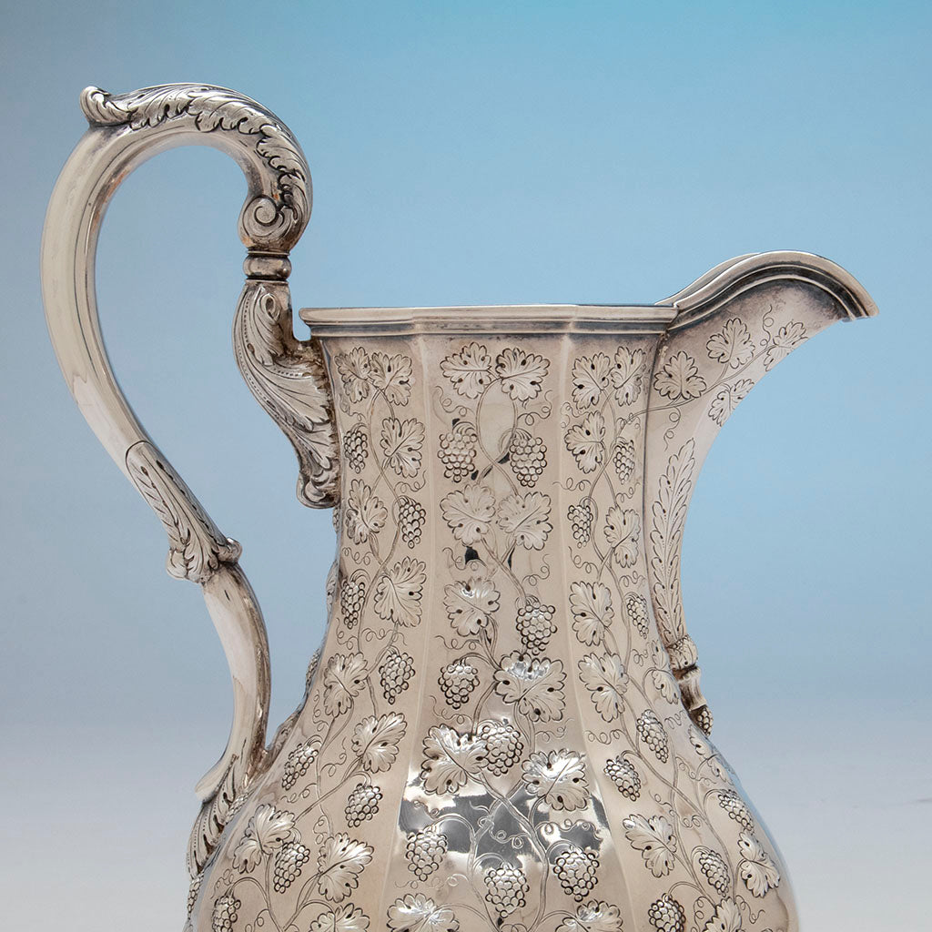 Pitcher detail of Jones, Ball &amp; Poor Coin Silver Presentation Pitcher and Goblets, c. 1850, probably made by Woodward &amp; Grosjean