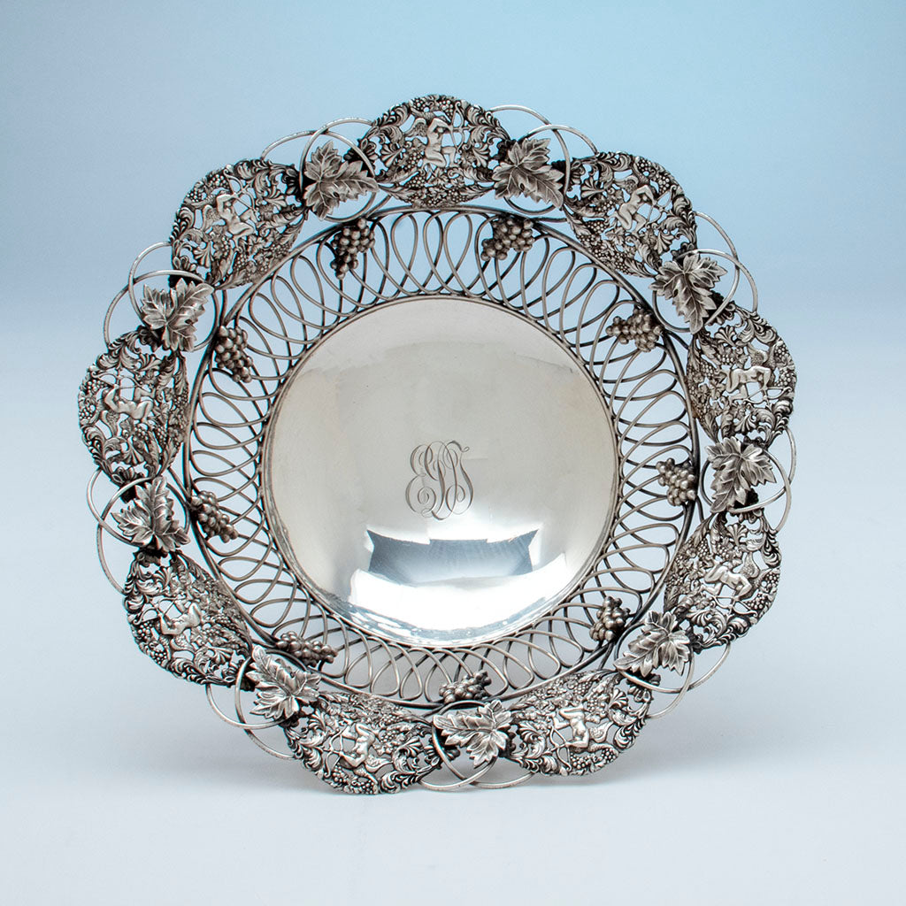 Top view of Ferdinand Fuchs and Brothers Antique Sterling Silver Cupid Centerpiece Bowl, NYC, NY c. 1900