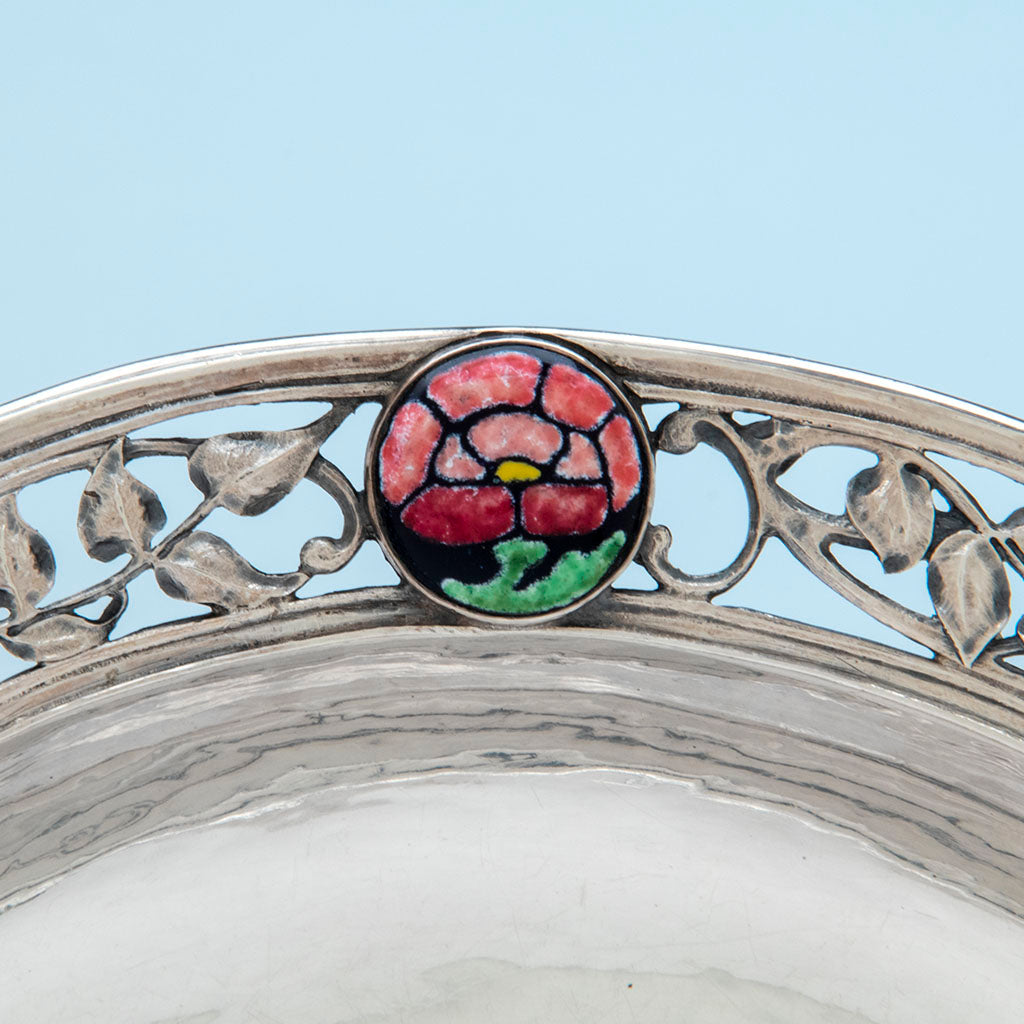 Enamel detail on The Potter Bentley Studios Sterling and Enamel Centerpiece Bowl, Cleveland, OH, c. 1928-33
