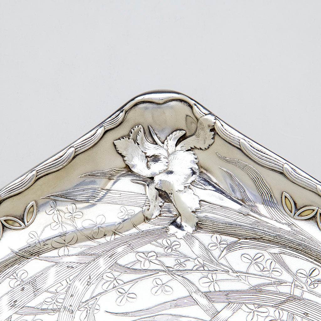 Border of Whiting Art Nouveau Antique Sterling Silver Tray, NYC, NY, 1888