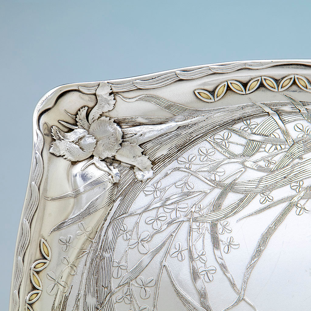 Corner detail of Whiting Art Nouveau Antique Sterling Silver Tray, NYC, NY, 1888