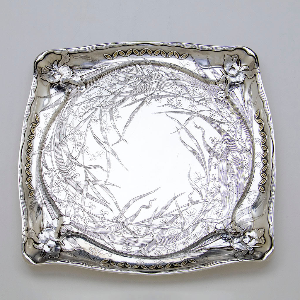 Detail of Whiting Art Nouveau Antique Sterling Silver Tray, NYC, NY, 1888