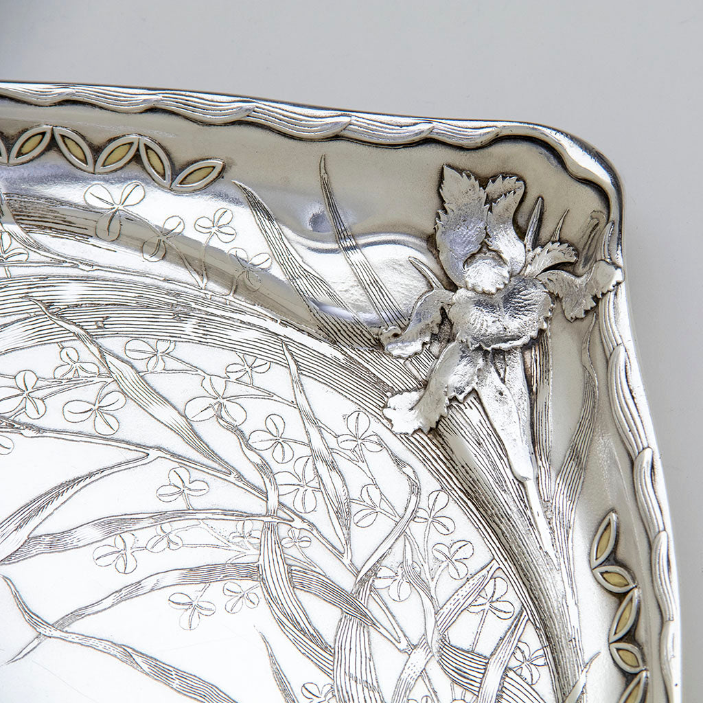 Applied iris on Whiting Art Nouveau Antique Sterling Silver Tray, NYC, NY, 1888