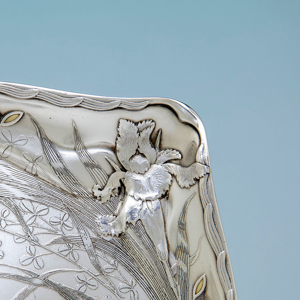 Iris detail on Whiting Art Nouveau Antique Sterling Silver Tray, NYC, NY, 1888