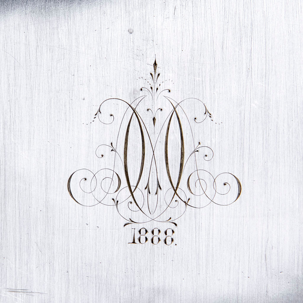 Monogram and date on Whiting Art Nouveau Antique Sterling Silver Tray, NYC, NY, 1888