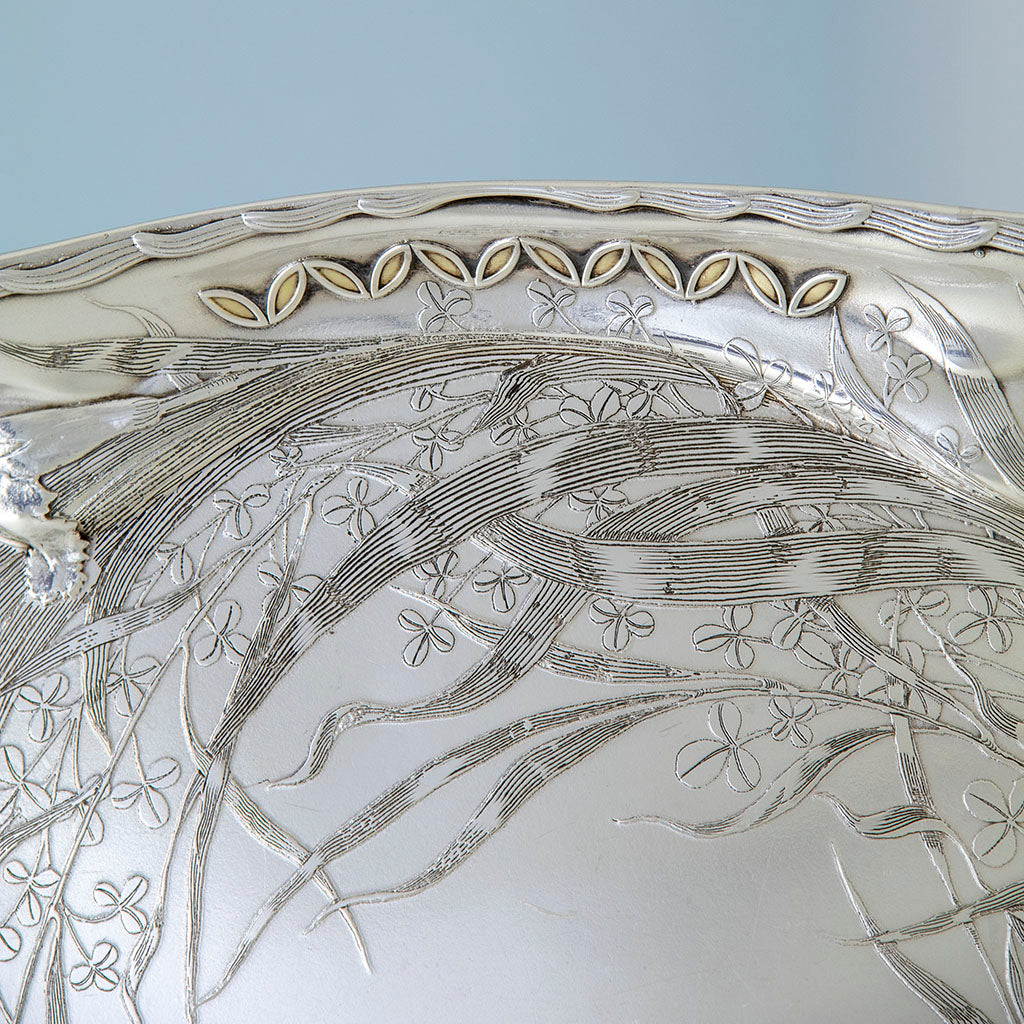 Acid etched and ebgraved foliage on Whiting Art Nouveau Antique Sterling Silver Tray, NYC, NY, 1888