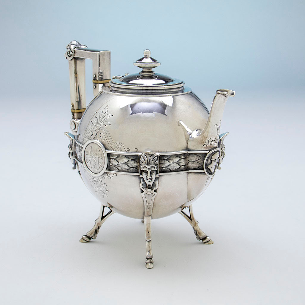 Feet details on John Wendt &#39;Medallion&#39; Antique Sterling Silver Tea Pot, NYC, NY, c. 1865
